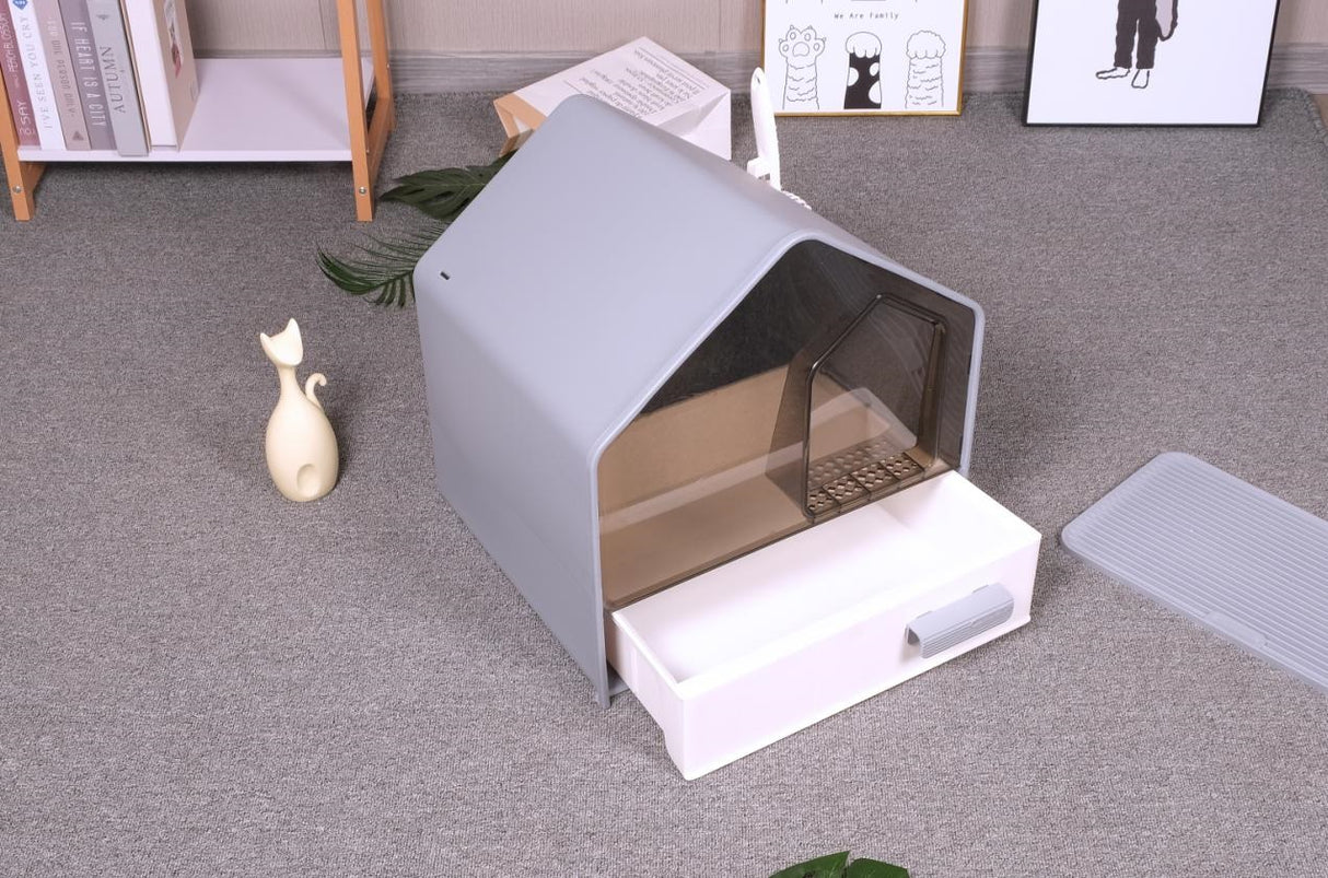 Kattenbak in Huisjesstijl - Kattentoilet Incl. schep en kattenbakmat 46x41x46cm - Grijs Coolgods
