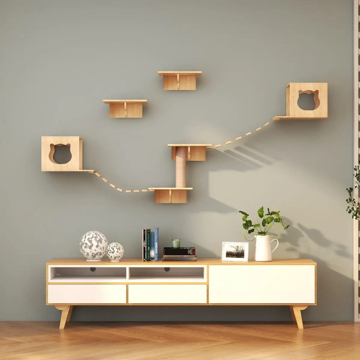 Katten klimwand | 2 Ladders krabpaal en 2 huisjes | Kat Klimmuur | Huisdieren | Vermaak voor katten Coolgods