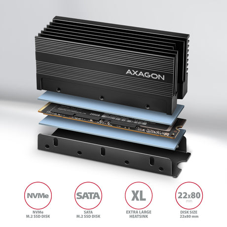 Axagon - Koellichaam voor M.2 SSD - Aluminium - 2 Thermische pads - Hoogte 32 mm - Voor M.2 SATA / NVMe - Lengte 2280 Axagon