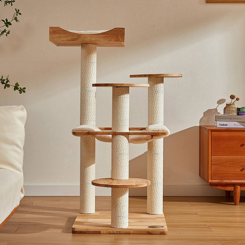 Houten kattenklimrek - krabpaal met hangmat en kattenmand