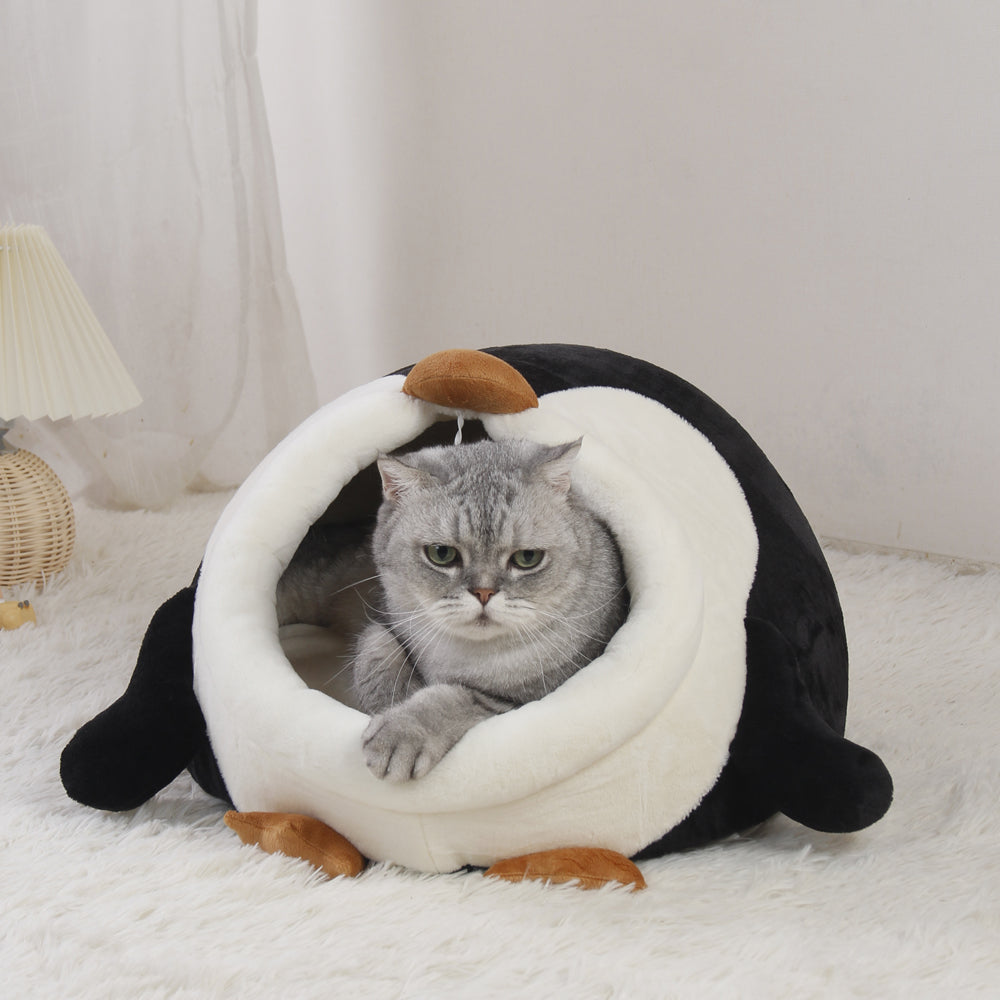 Kattenmand -  Warm - Half-ingesloten - Kussen - Schattige Pinguïn - Kleur Zwart en Wit SpirePets