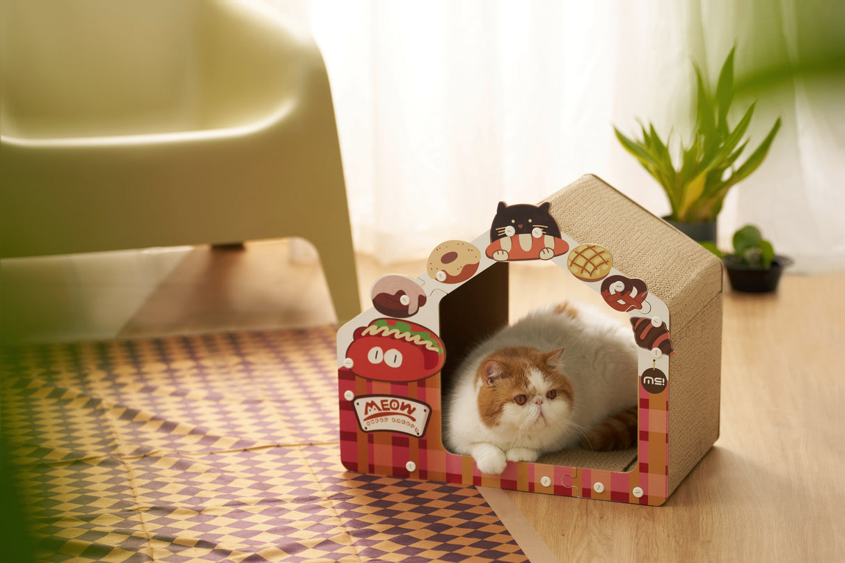 Kattenhuis - Krabmeubel - Karton - Geschikt voor katten < 7 kg - Rood, Geel en Wit SpirePets