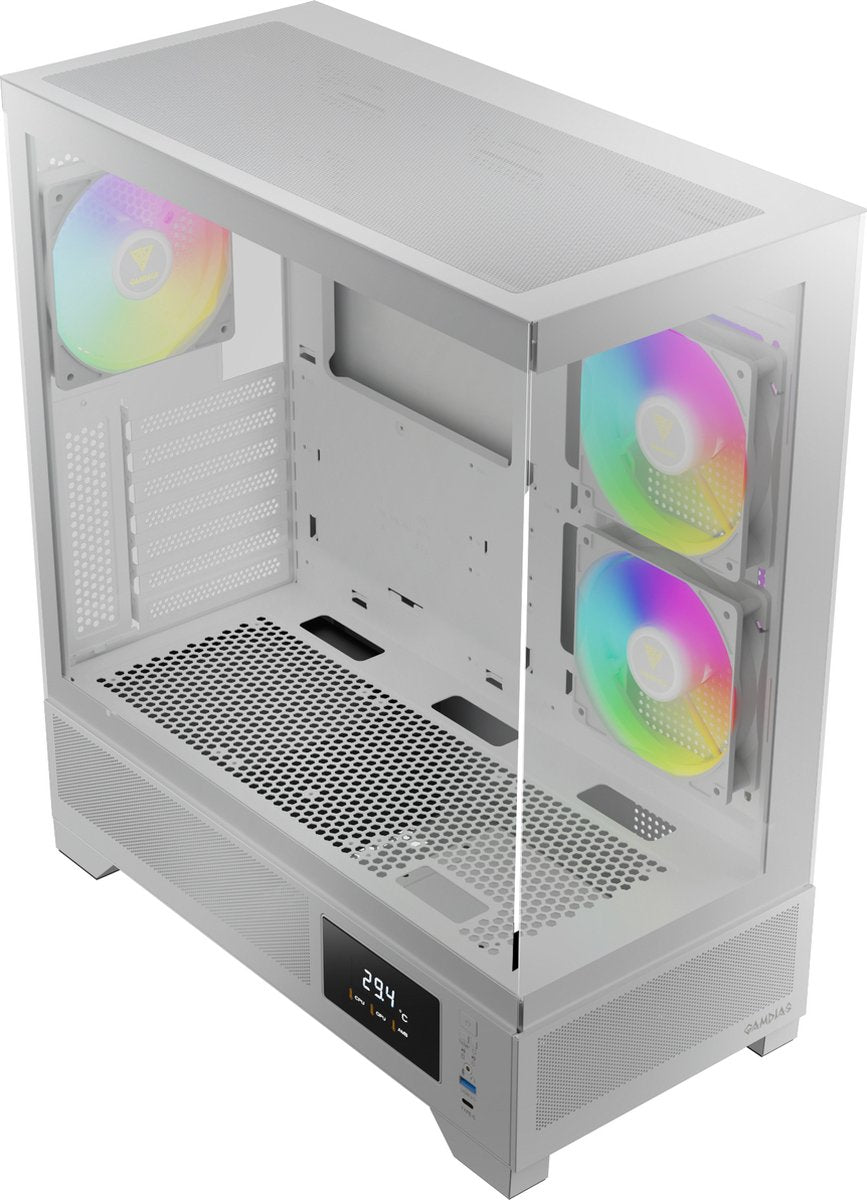 Gamdias Atlas M1 Aquarium Gaming Case Wit met Temperatuur Display - Computer Behuizing met ARGB LED Verlichting