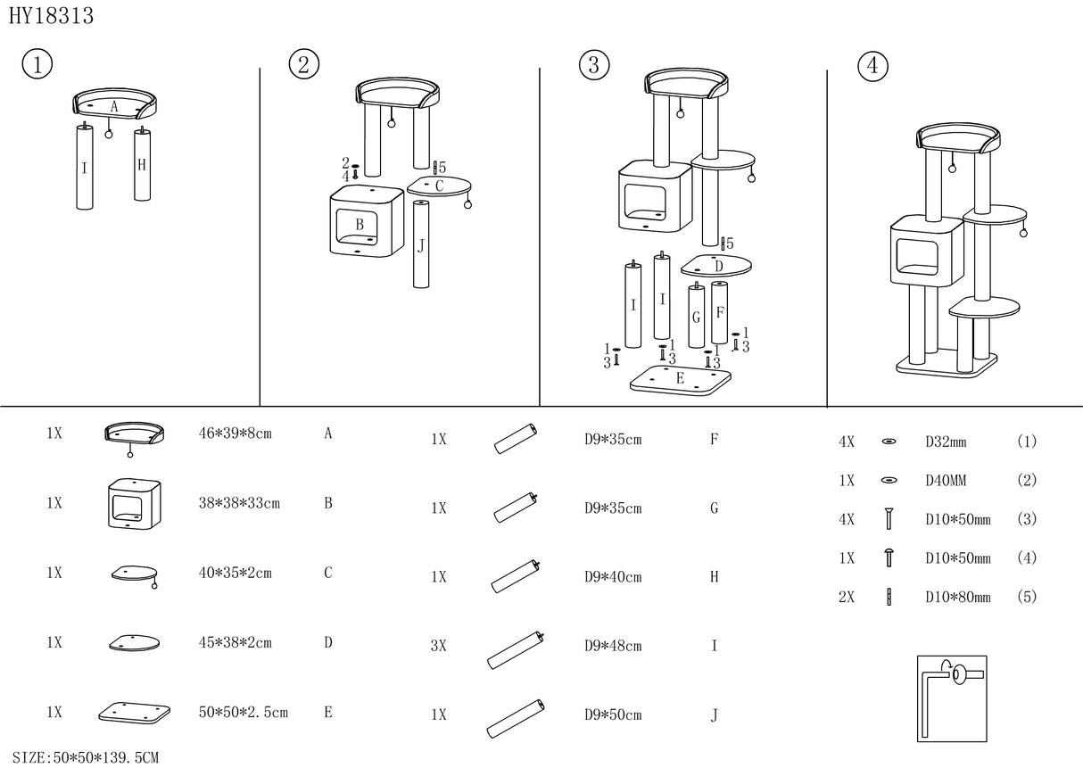 Luxe krabpaal Cindy - 5 niveaus - 4 sisal krab kolommen - pluche bed SpirePets