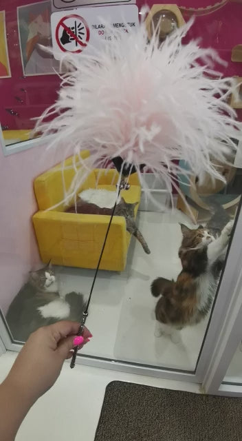 Kattenhengel met roze struisvogel verenbos - katten hengel - kattenspeeltje